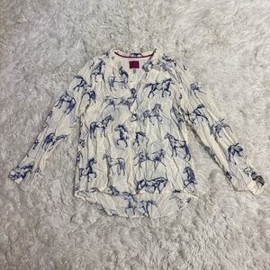 Women’s Size 6 White/Blue Horse Riding Pattern Equestrian Button Down Blouse Top